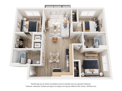 A 3D floor plan of a small apartment with a kitchen, living room, and two bedrooms.